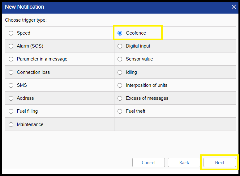 3. Choose Geofence and click Next.